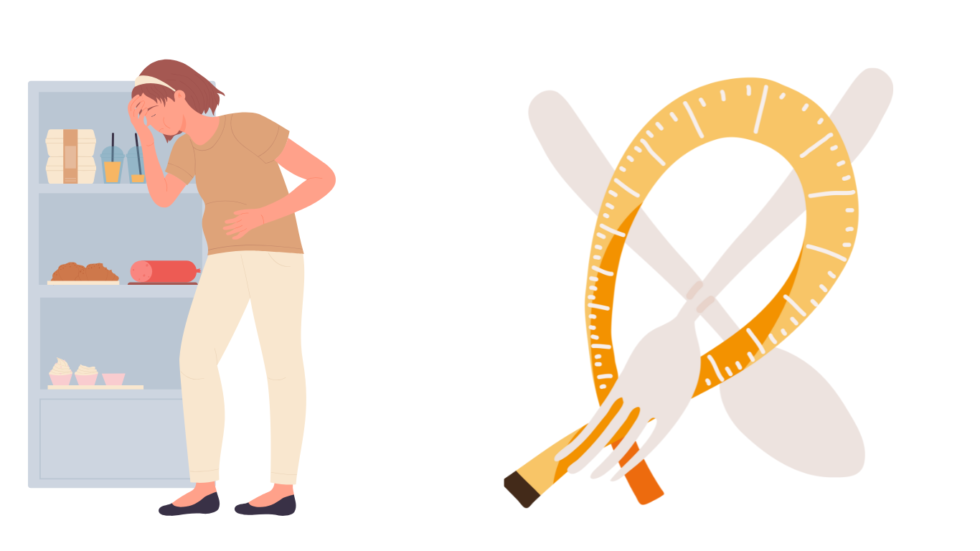 A woman stands near an open fridge, holding her stomach; a crossed-out measuring tape and fork are beside her.