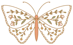 Gold, ornate butterfly illustration with intricate, symmetrical patterns on its wings.