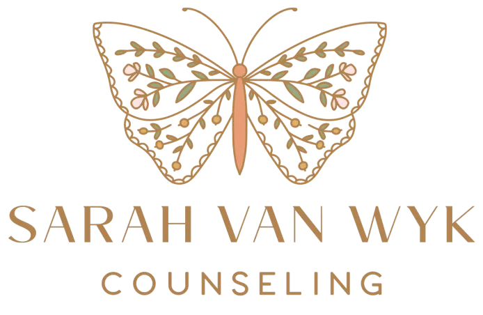 Gold butterfly illustration above "Sarah Van Wyk Counseling" text in an elegant, modern font.