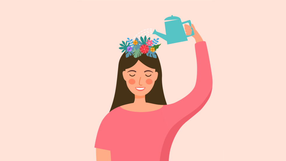 A woman waters flowers growing from her head with a teal watering can, symbolizing self-care.