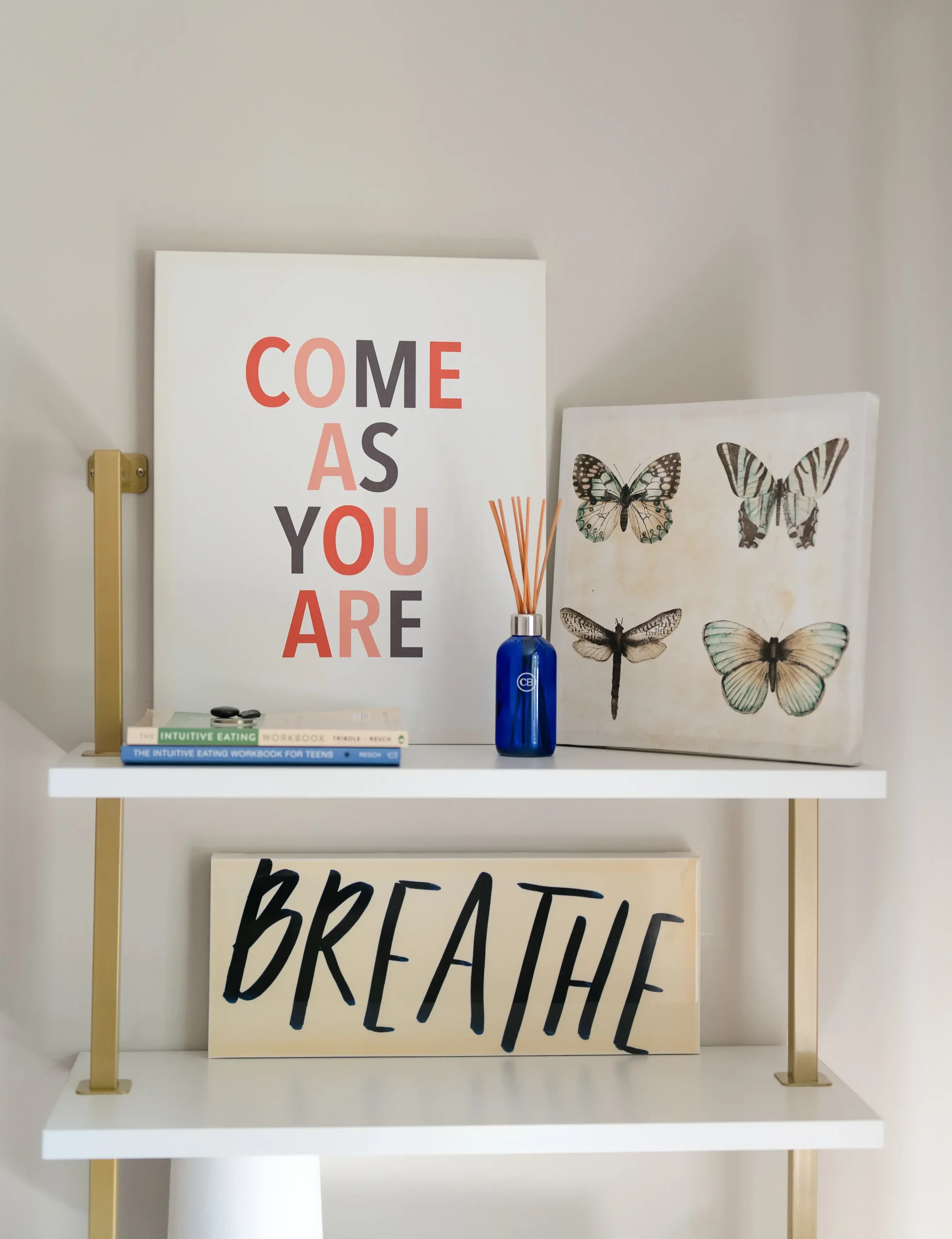 why-choose-2 A shelf with motivational art prints, butterfly art, books, and a blue reed diffuser.