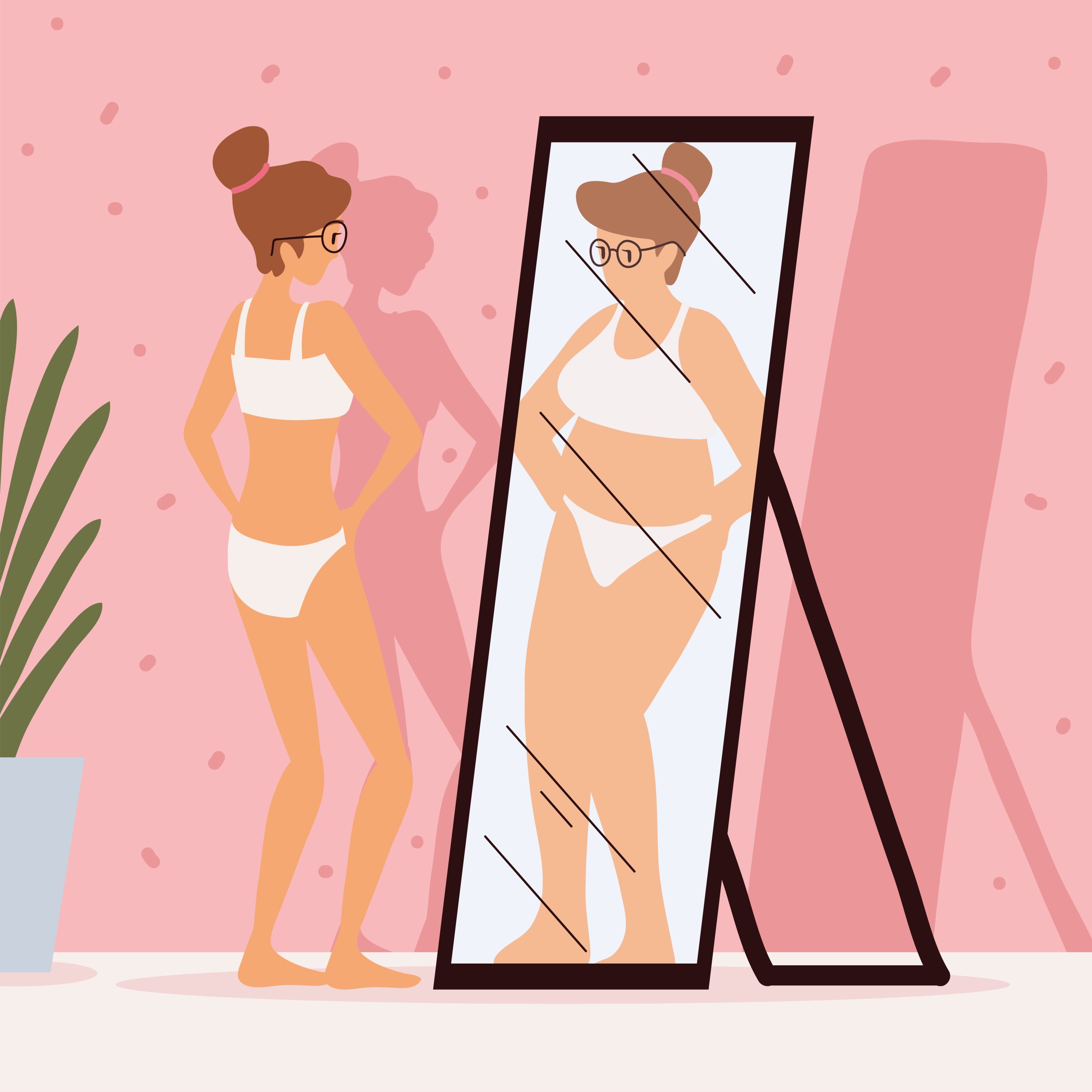 A woman in underwear looks in a mirror and sees a larger reflection, with a plant in the background.